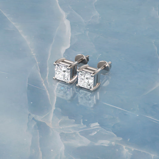 Princess Cut Diamond Stud Earrings with Screw Back in White Gold