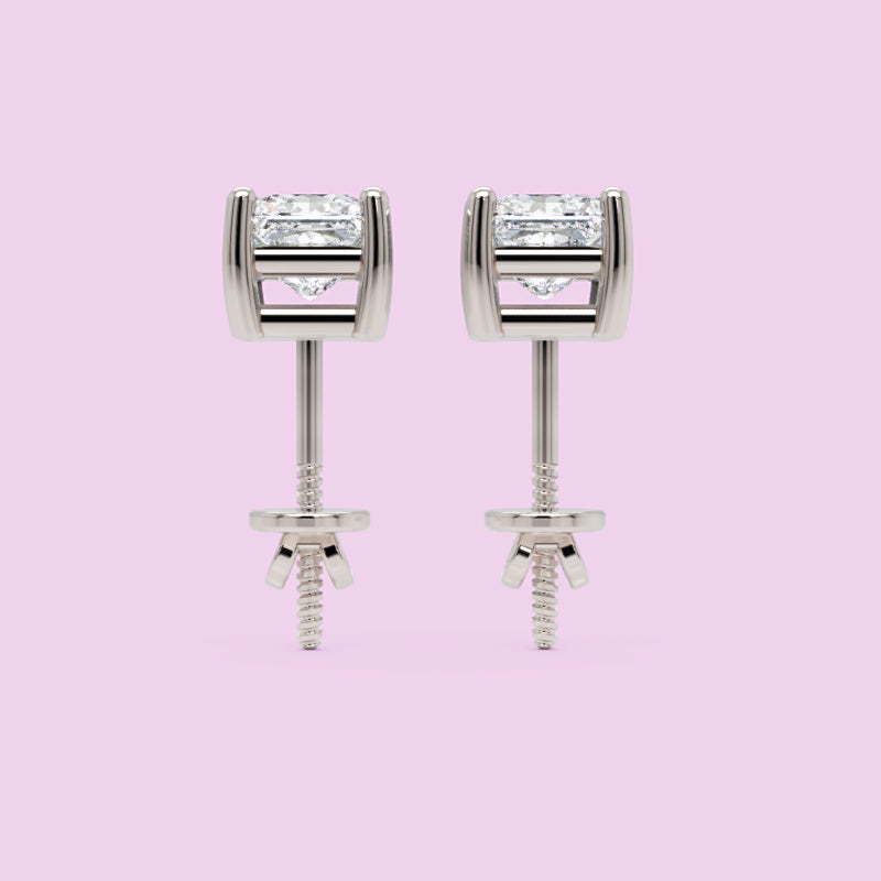 Princess Cut Diamond Stud Earrings In White Gold - Three