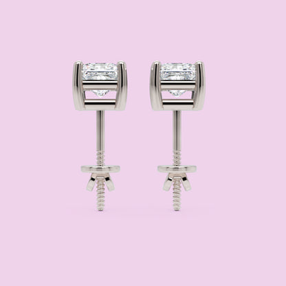 Princess Cut Diamond Stud Earrings In White Gold - Three