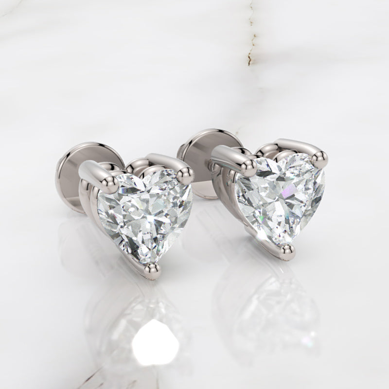 Heart Shaped Diamond Stud Earrings In White Gold - One