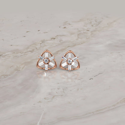 Baguette Diamond Unique Triangle Stud Earrings In Gold - Three