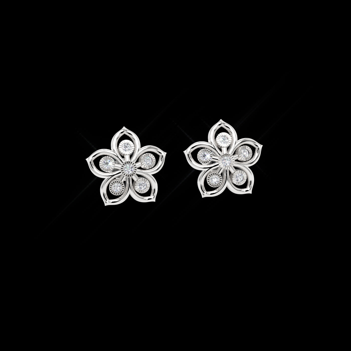 Diamond Flower Stud Modern Earrings In White Gold - One