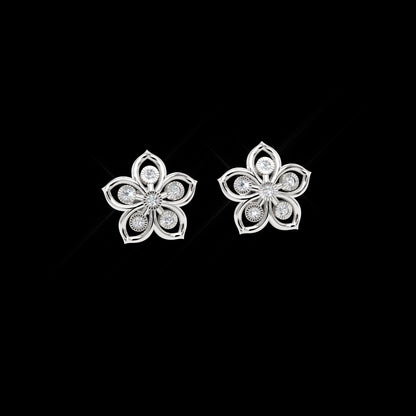 Diamond Flower Stud Modern Earrings In White Gold - One