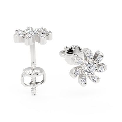 Diamond Flower Stud Earrings In Gold - One