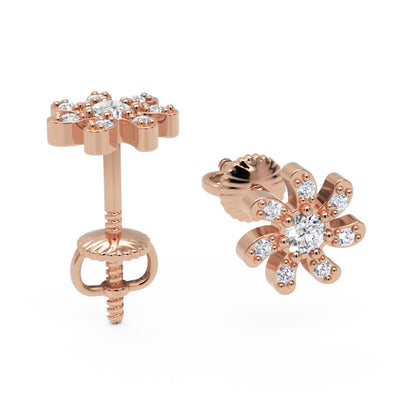 Diamond Flower Stud Earrings In Gold - Three