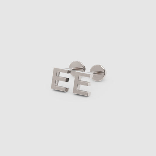 White Gold Letter E Initial Stud Earrings