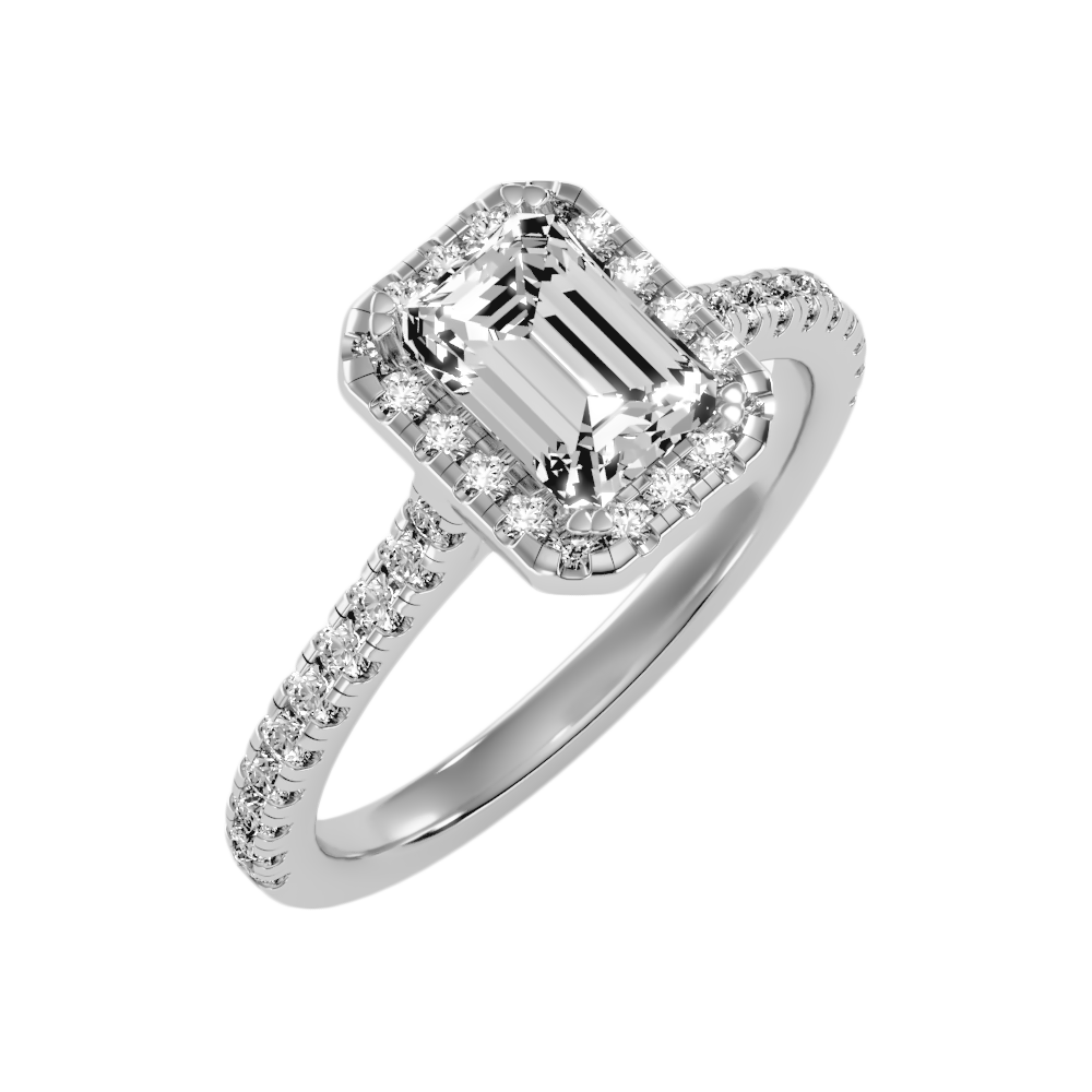 Emerald Cut Halo Diamond Engagement Ring In 925 Sterling Silver - Five