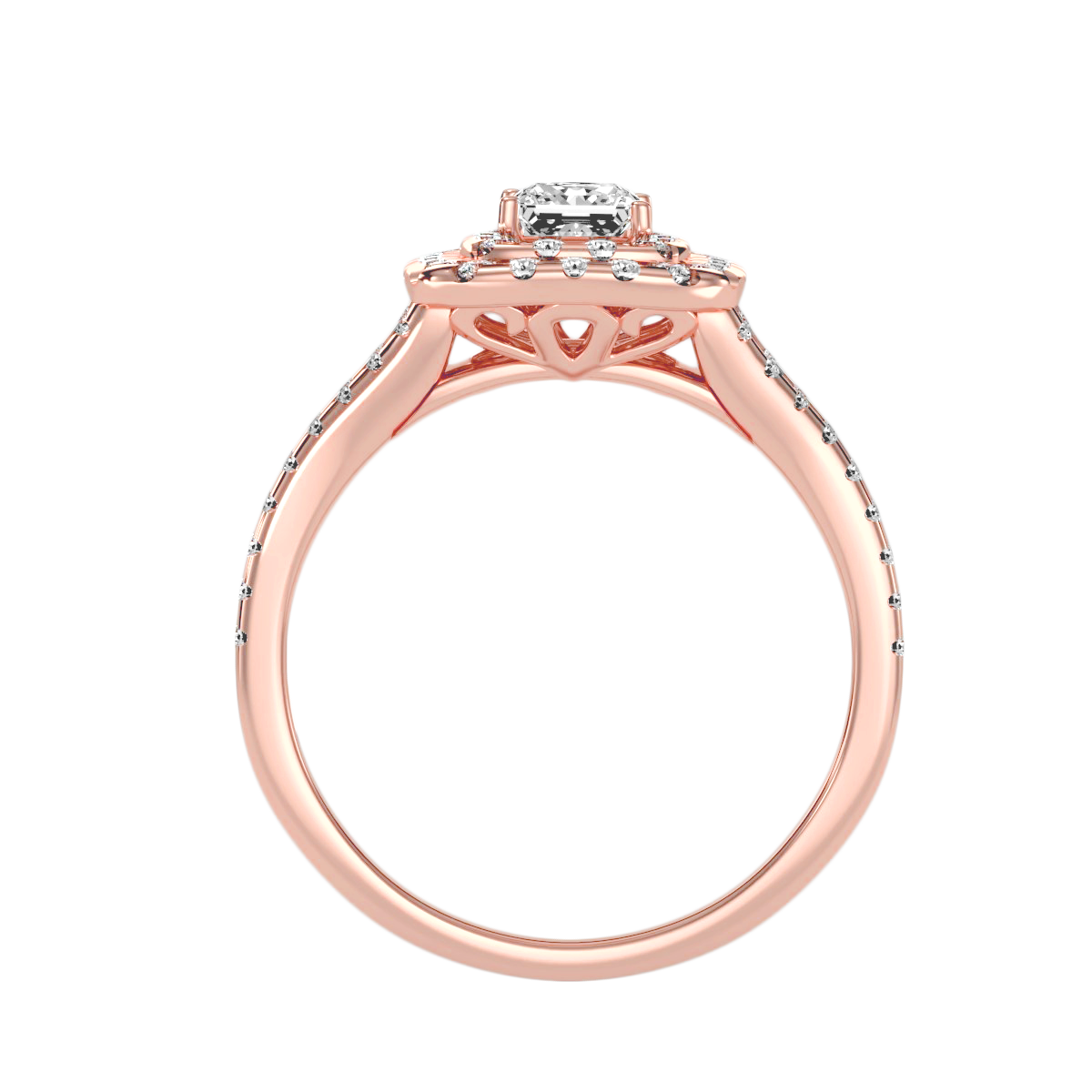 Rose Gold Emerald Cut Diamond Halo Engagement Ring With Pav Band - One