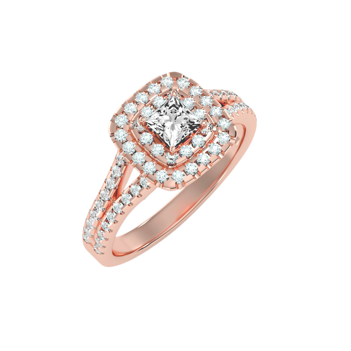 Rose Gold Emerald Cut Diamond Halo Engagement Ring With Pav Band - Three