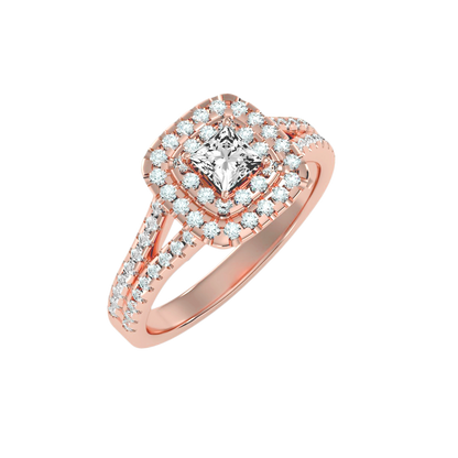 Rose Gold Emerald Cut Diamond Halo Engagement Ring With Pav Band - Three