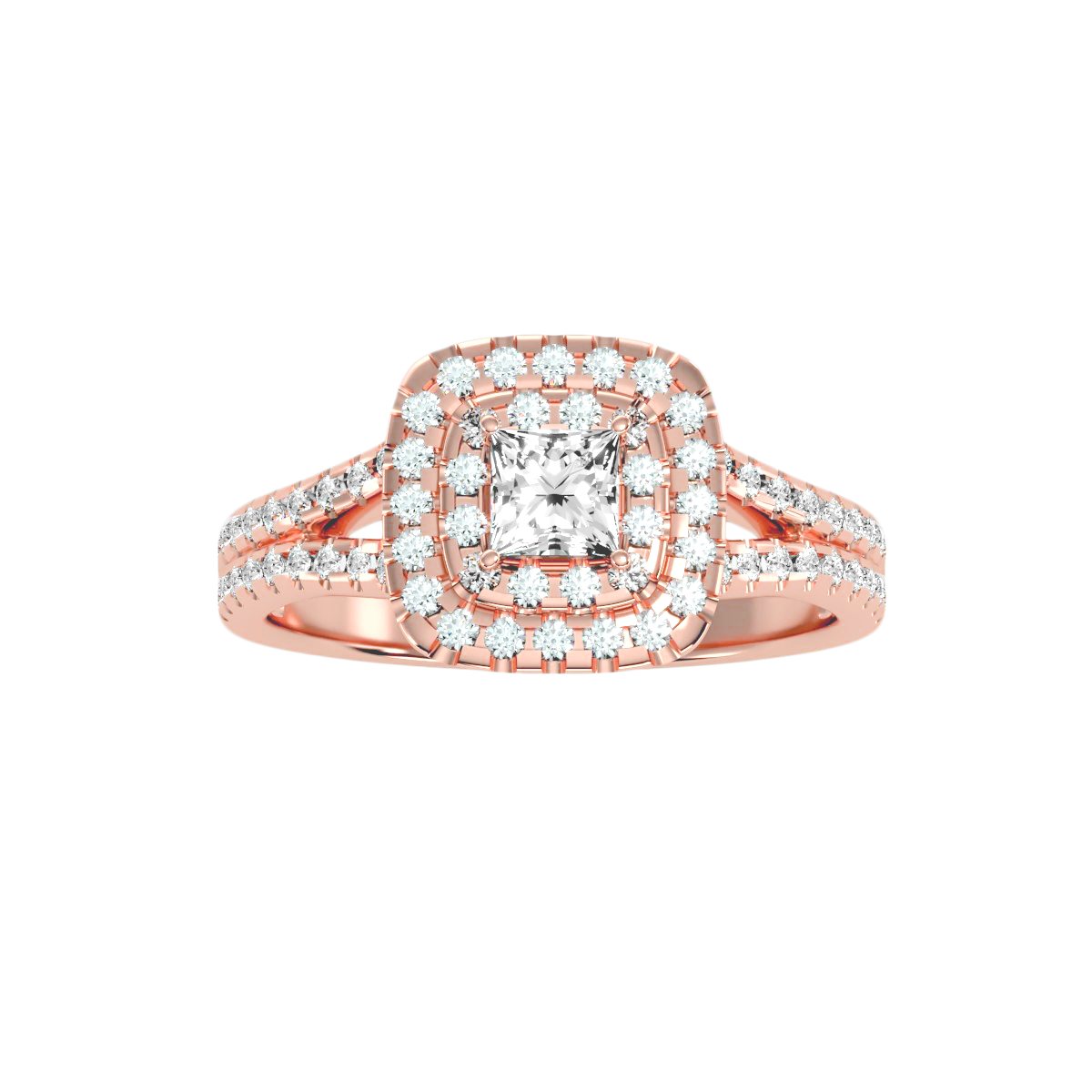 Rose Gold Emerald Cut Diamond Halo Engagement Ring With Pav Band - Five