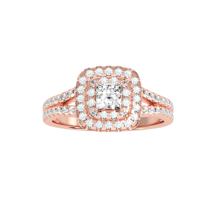 Rose Gold Emerald Cut Diamond Halo Engagement Ring With Pav Band - Five