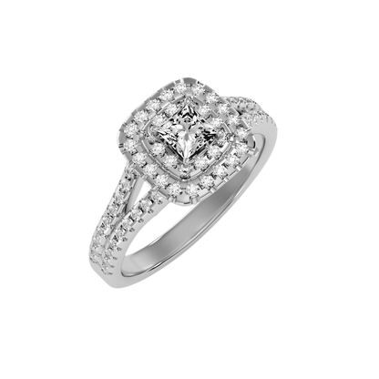 Rose Gold Emerald Cut Diamond Halo Engagement Ring With Pav Band - Seven