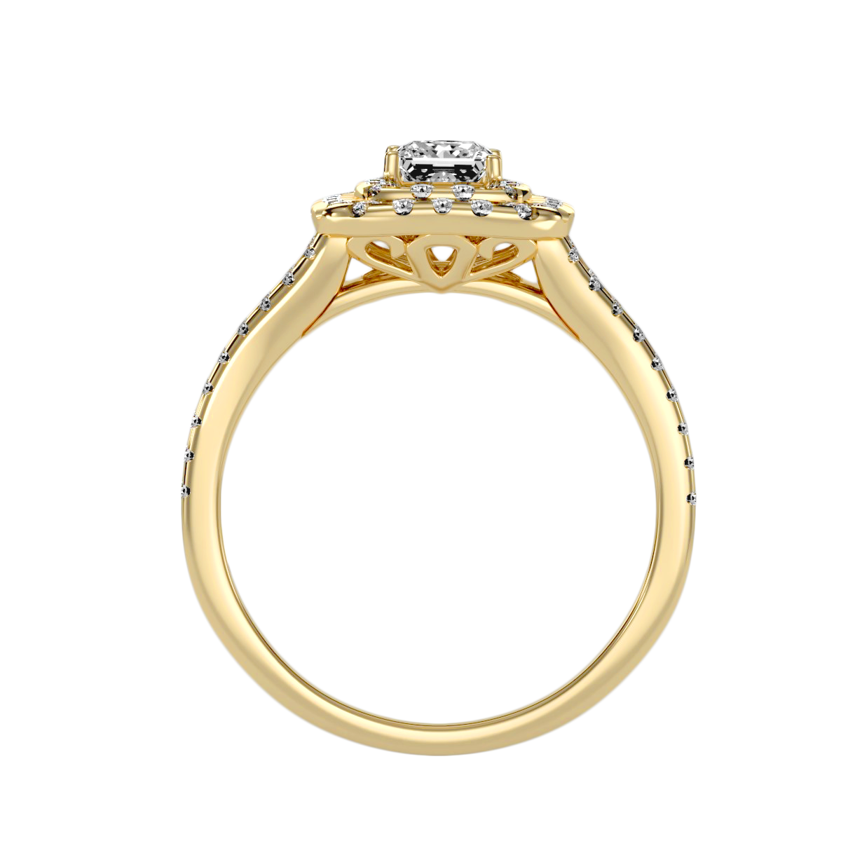 Rose Gold Emerald Cut Diamond Halo Engagement Ring With Pav Band - Ten