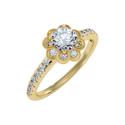 Flower Shaped Gold & Diamond Ring In 925 Sterling Silver - Nine