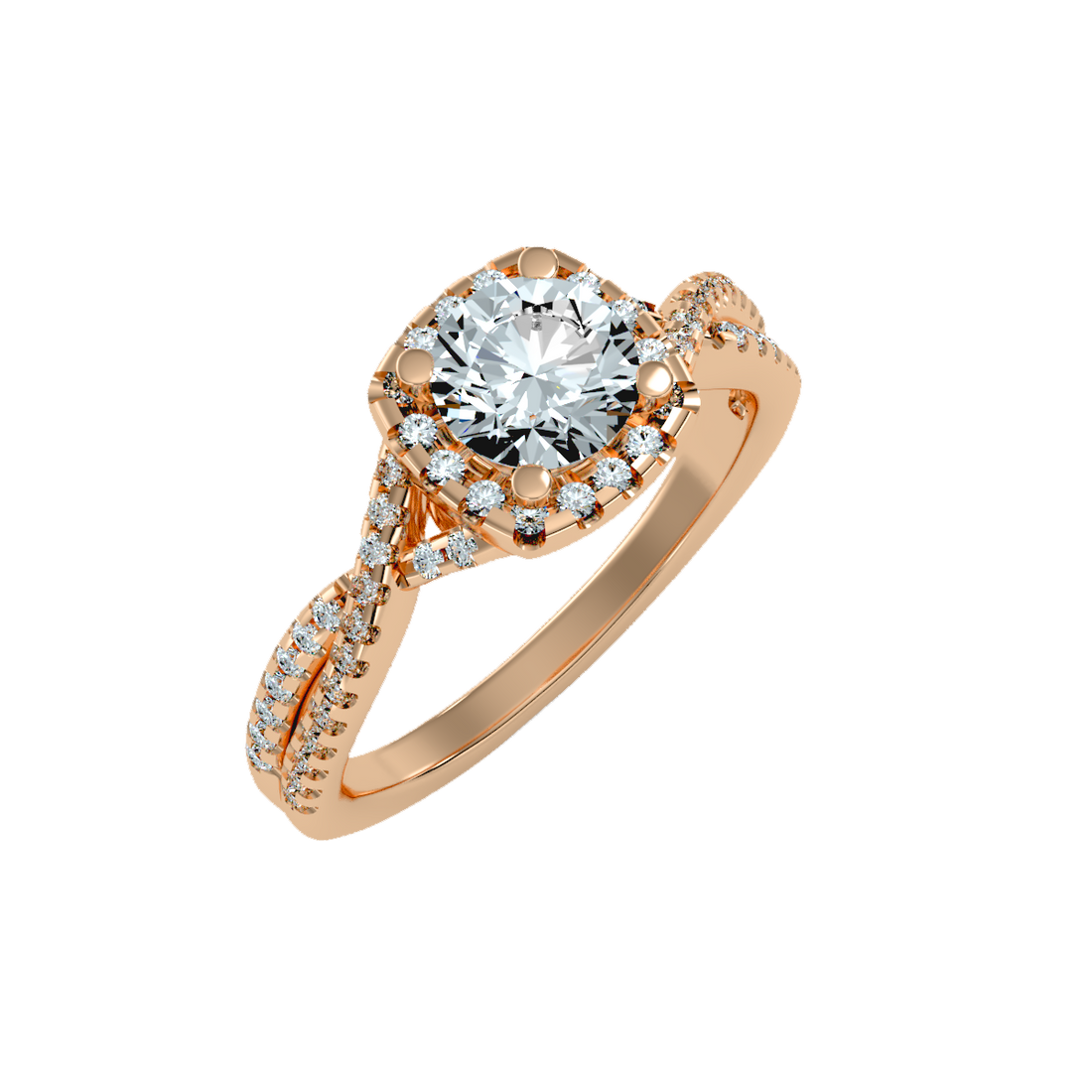 Rose Gold Diamond Halo Engagement Ring with Pav Band