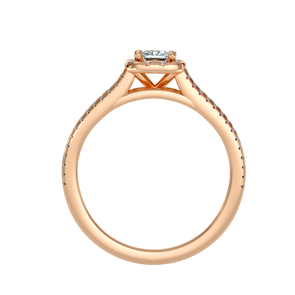 Rose Gold Princess Cut Diamond Halo Engagement Ring With Triple Row Band - Three