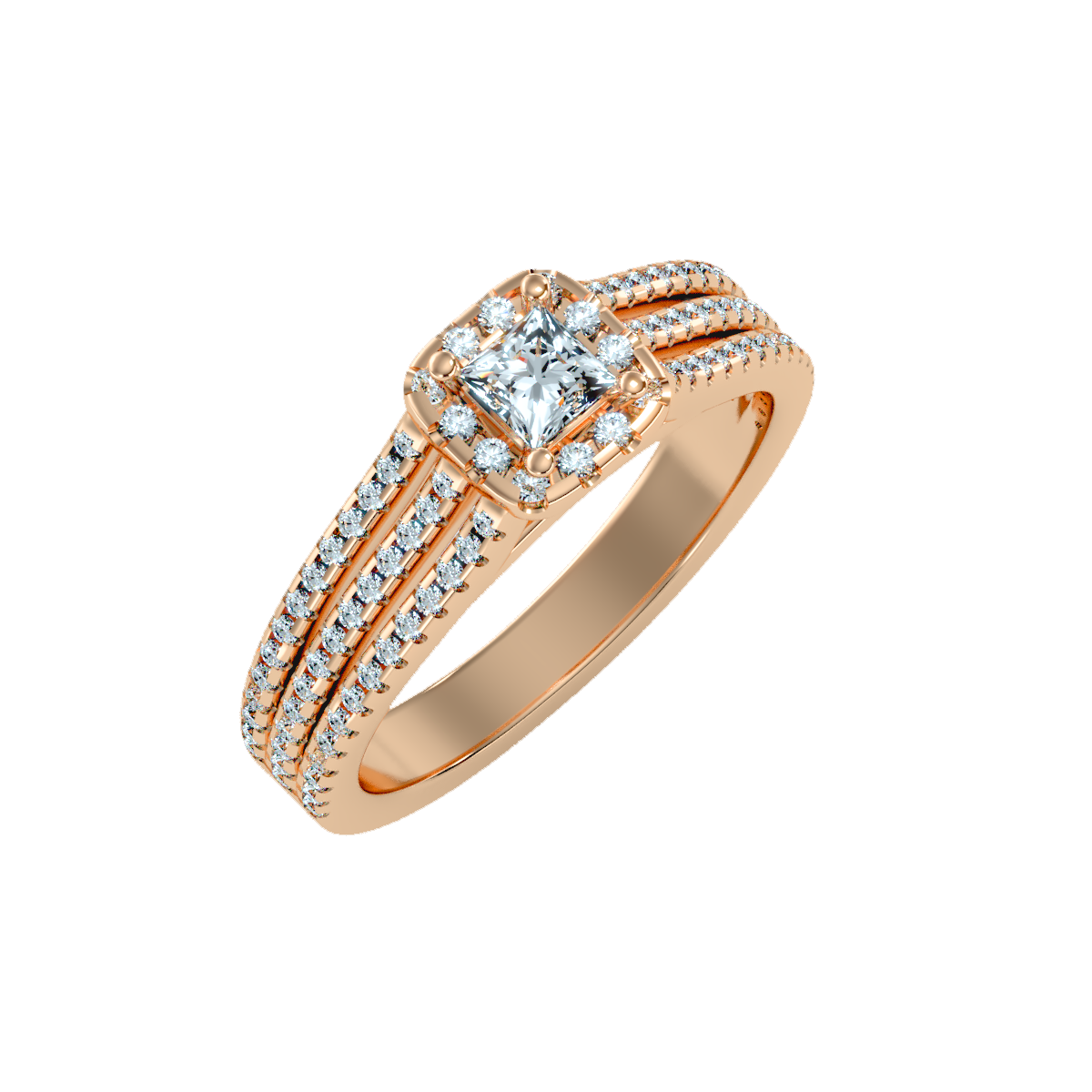 Rose Gold Princess Cut Diamond Halo Engagement Ring With Triple Row Band - One