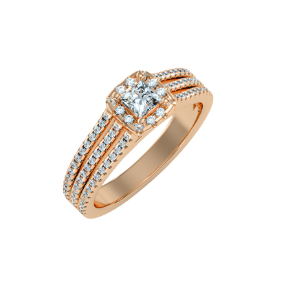 Rose Gold Princess Cut Diamond Halo Engagement Ring With Triple Row Band - One