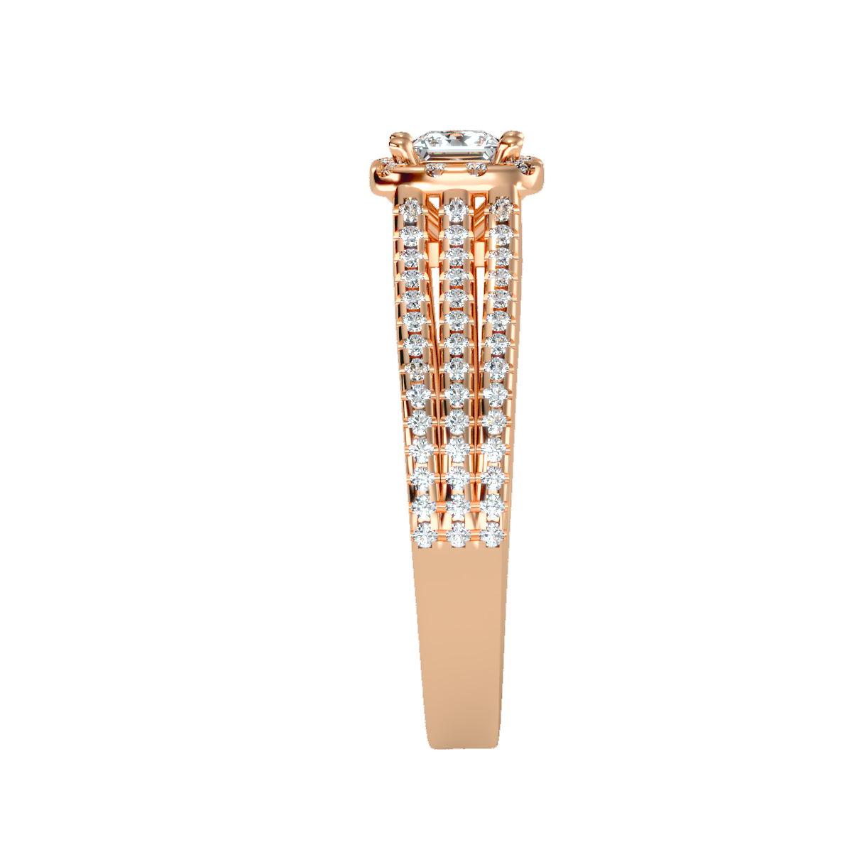 Rose Gold Princess Cut Diamond Halo Engagement Ring With Triple Row Band - Four
