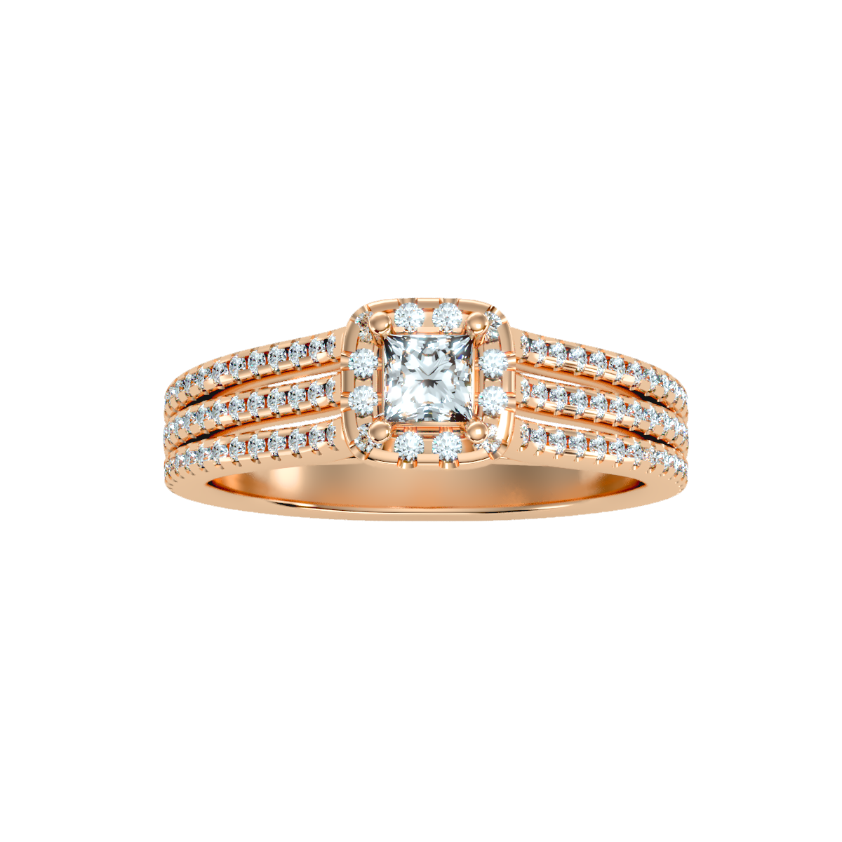 Rose Gold Princess Cut Diamond Halo Engagement Ring With Triple Row Band - Five