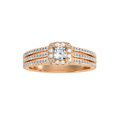 Rose Gold Princess Cut Diamond Halo Engagement Ring With Triple Row Band - Five