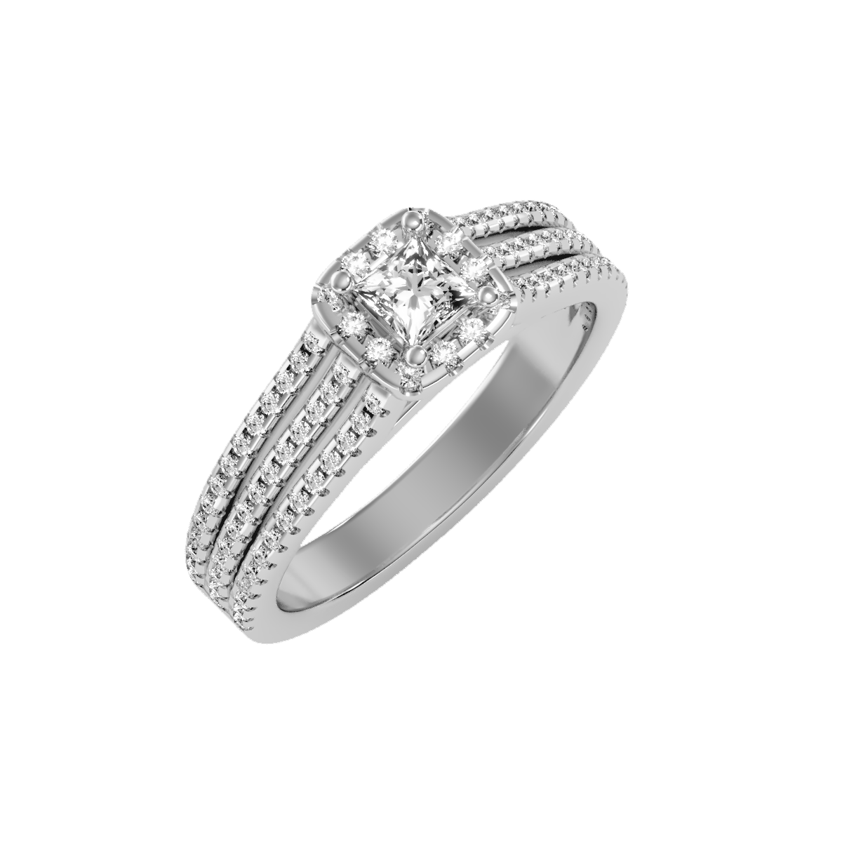 Rose Gold Princess Cut Diamond Halo Engagement Ring With Triple Row Band - Seven