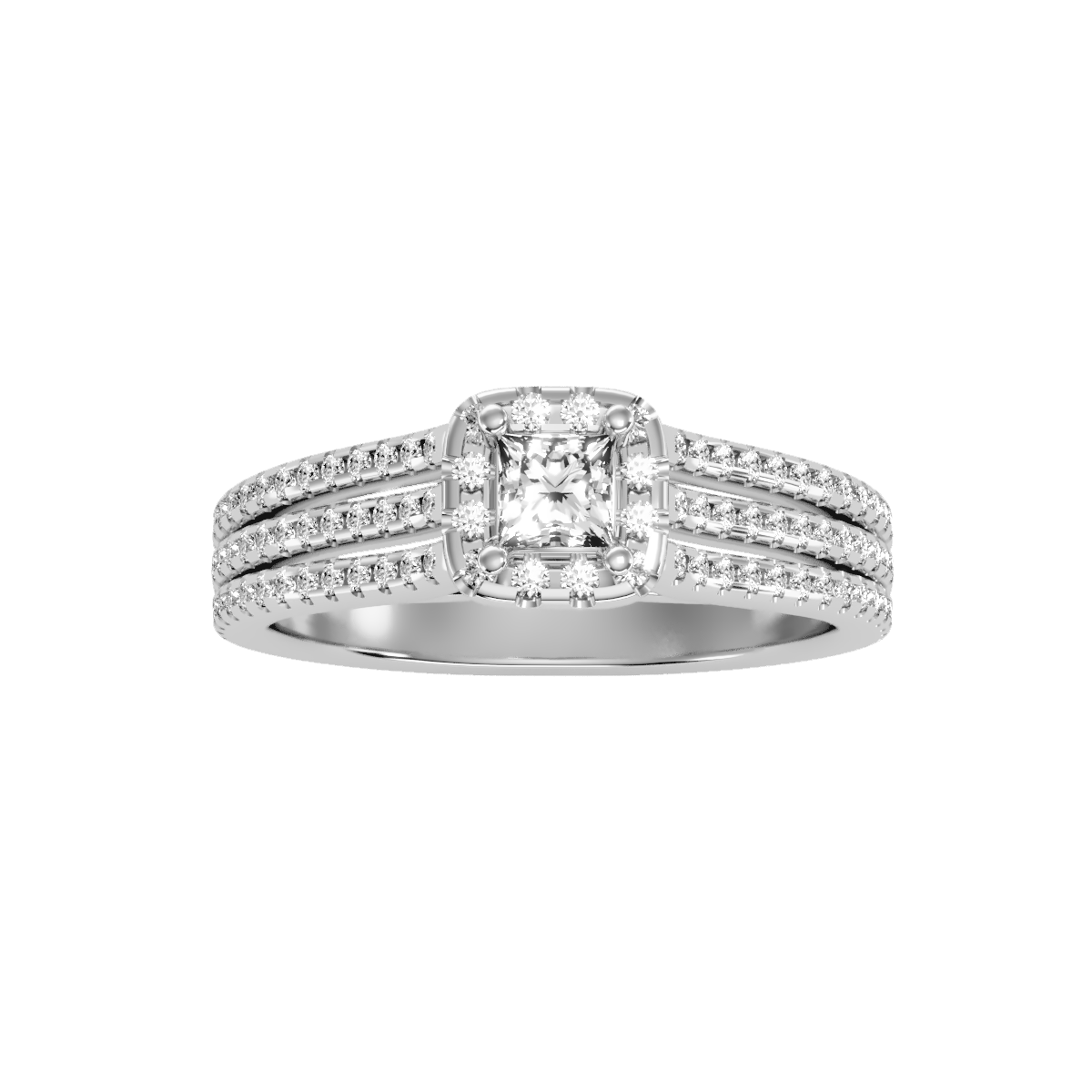 Rose Gold Princess Cut Diamond Halo Engagement Ring With Triple Row Band - Nine