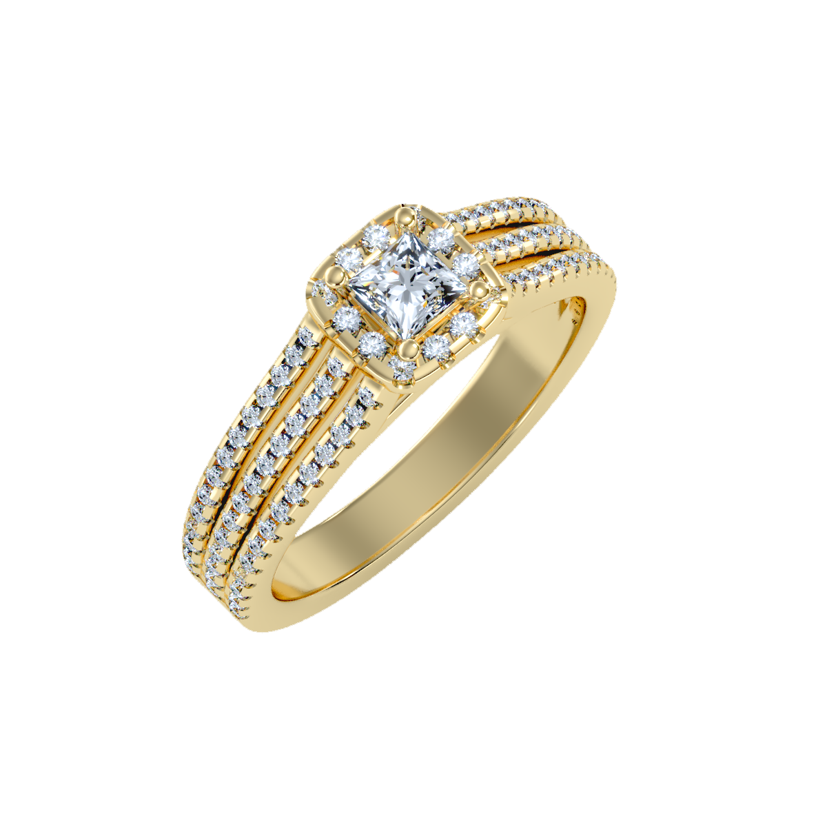 Rose Gold Princess Cut Diamond Halo Engagement Ring With Triple Row Band - Eleven