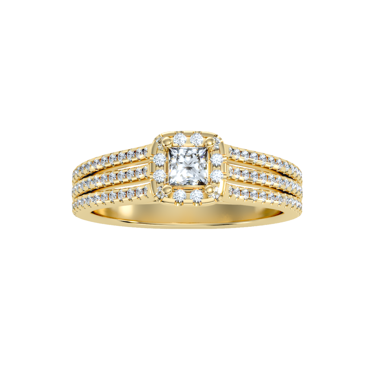 Rose Gold Princess Cut Diamond Halo Engagement Ring With Triple Row Band - Thirteen