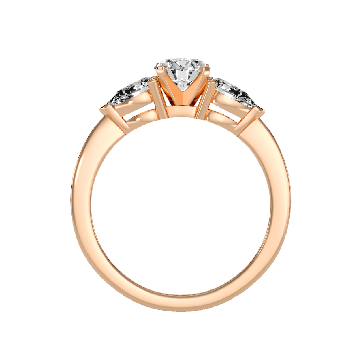 Rose Gold Three Stone Diamond Engagement Ring With Pear Side Stones - One