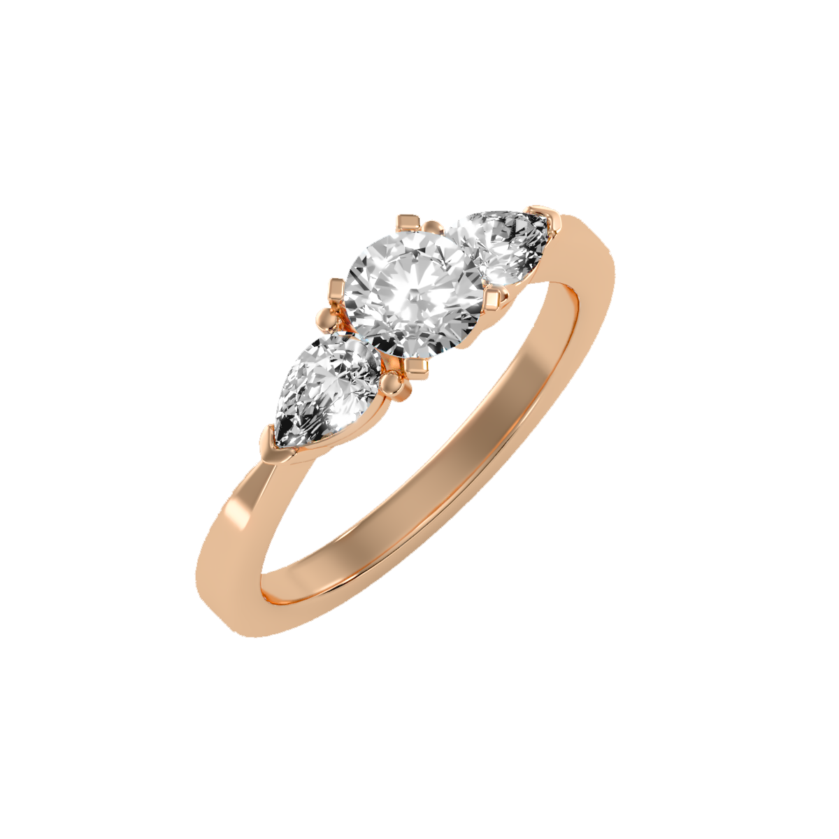 Rose Gold Three Stone Diamond Engagement Ring With Pear Side Stones - Three