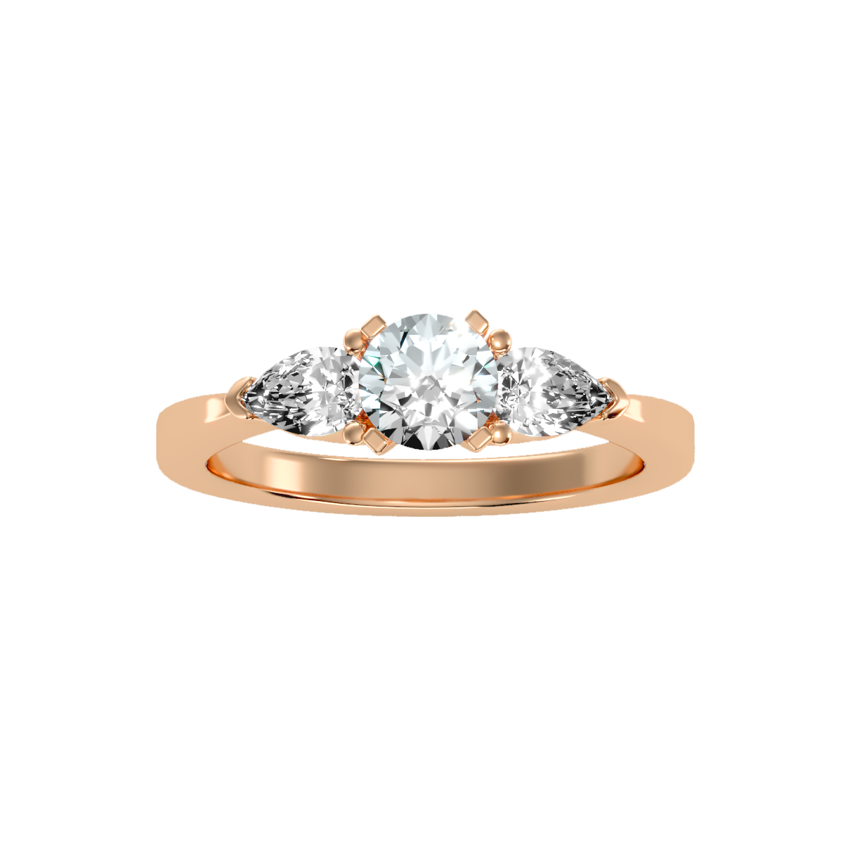 Rose Gold Three Stone Diamond Engagement Ring With Pear Side Stones - Five