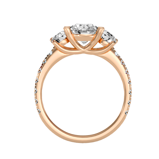 Rose Gold Three Stone Round Cut Diamond Engagement Ring With Pave Band