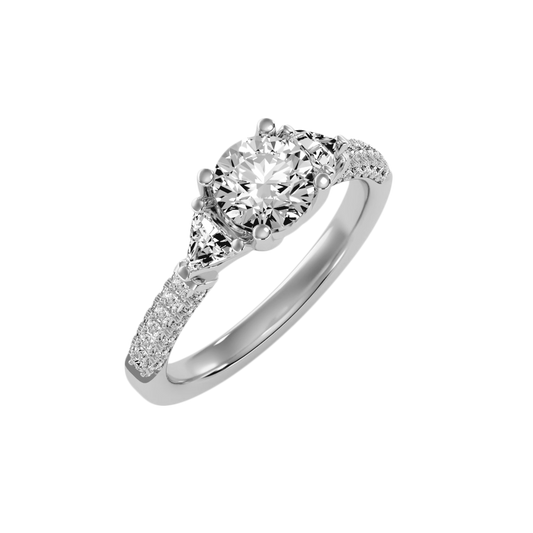 Rose Gold Three Stone Round Cut Diamond Engagement Ring with Pave Band