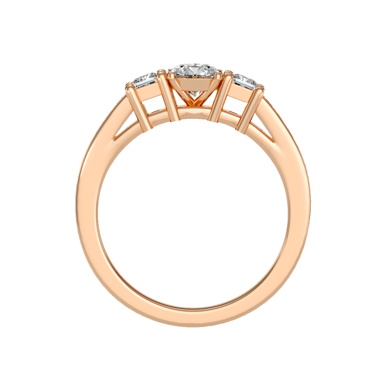 Rose Gold Three Stone Diamond Engagement Ring With Baguette Side Stones - One
