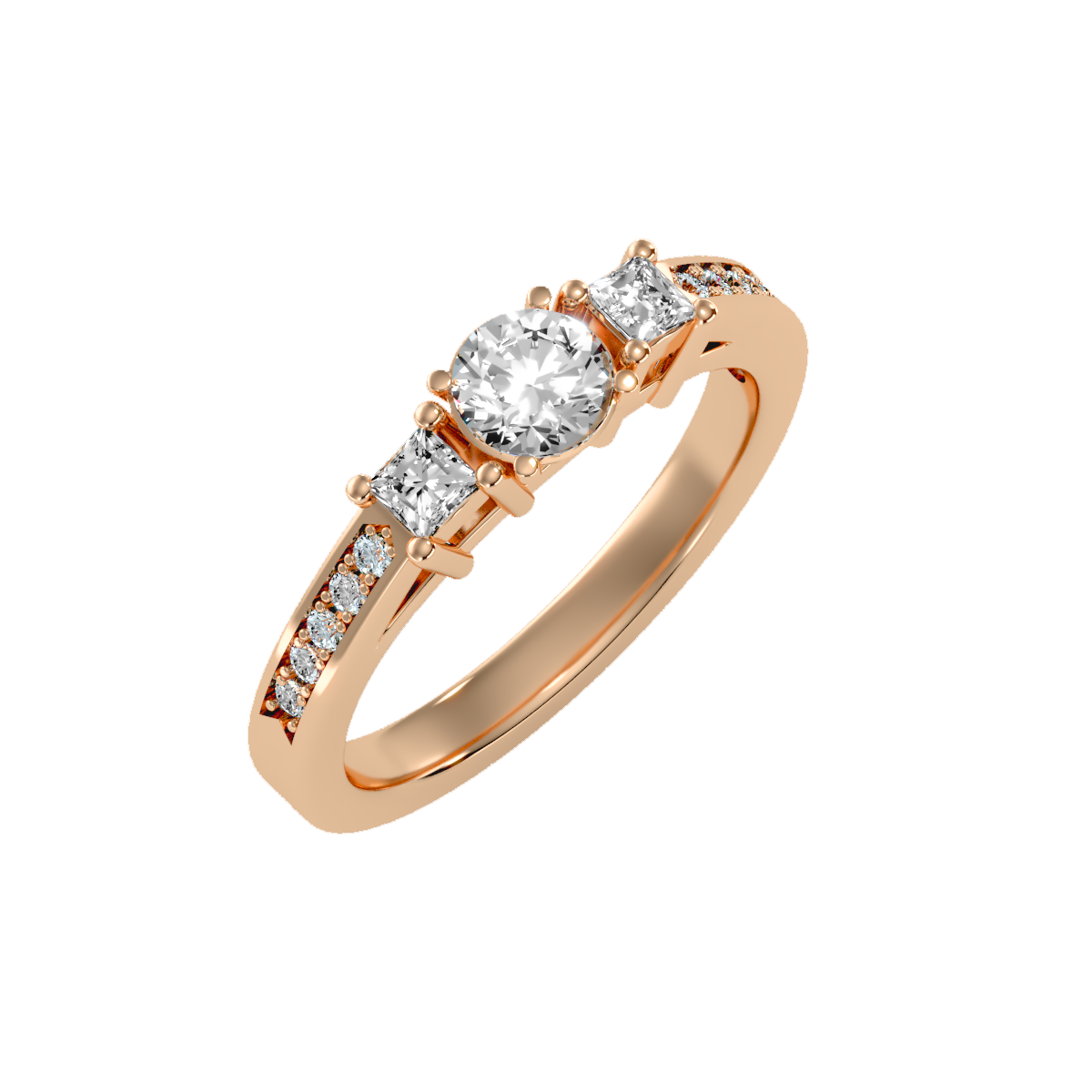 Rose Gold Three Stone Diamond Engagement Ring With Baguette Side Stones - Three