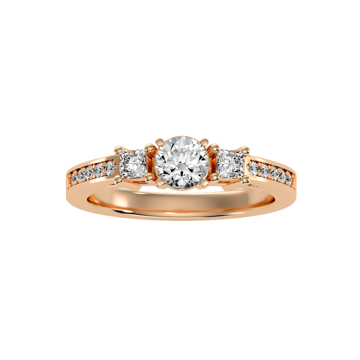 Rose Gold Three Stone Diamond Engagement Ring With Baguette Side Stones - Five