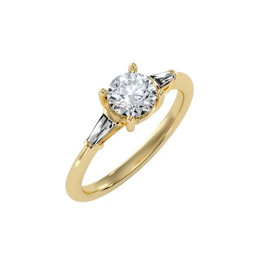 Yellow Gold Three Stone Princess Cut Diamond Engagement Ring with Baguette Accents