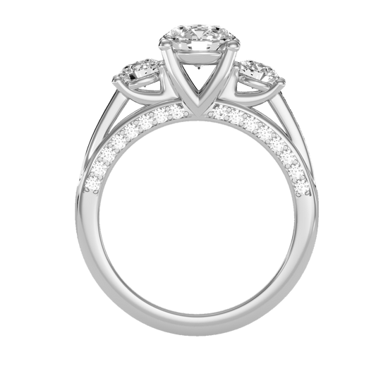 White Gold Three Stone Diamond Engagement Ring with Pave Band