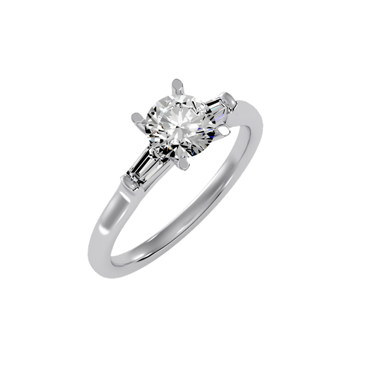 White Gold Gold Three Stone Round Cut Diamond Engagement Ring With Baguette Side Stone