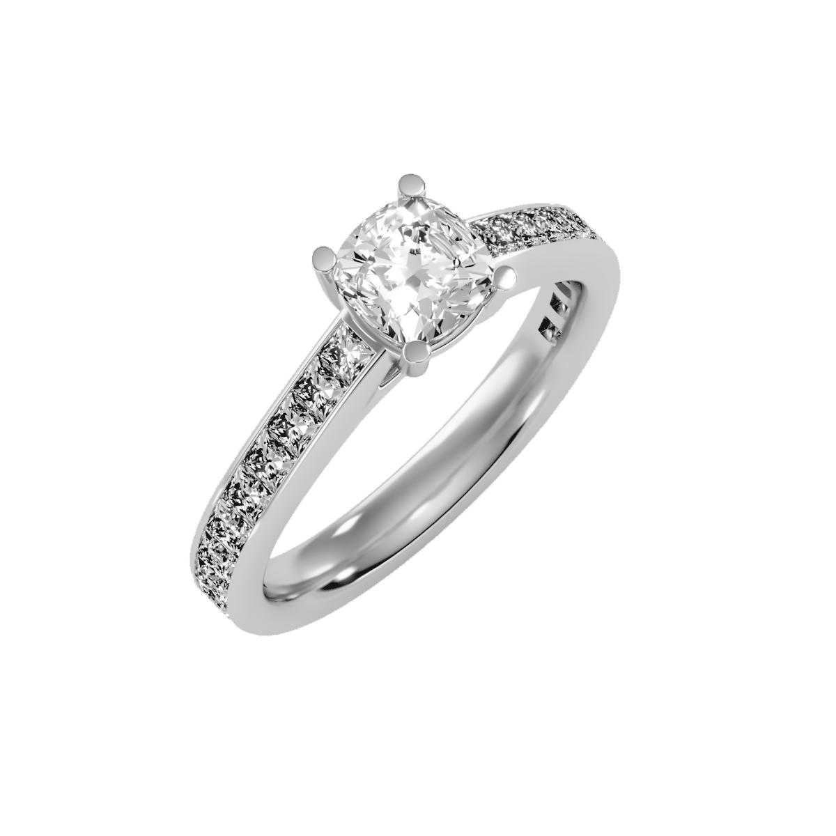 White Gold Cushion Cut Diamond Solitaire Engagement Ring With Princess Side Stone - One