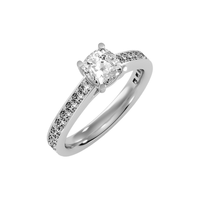 White Gold Cushion Cut Diamond Solitaire Engagement Ring With Princess Side Stone - One