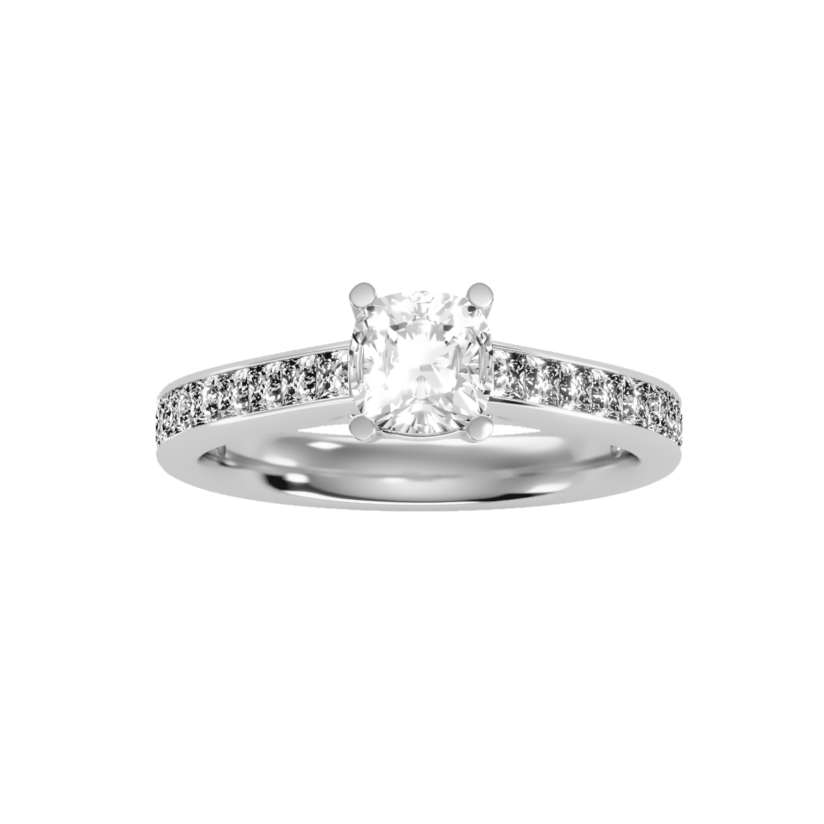 White Gold Cushion Cut Diamond Solitaire Engagement Ring With Princess Side Stone - Five