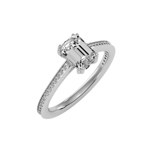 White Gold Emerald Cut Diamond Solitaire Engagement Ring with Hidden Halo