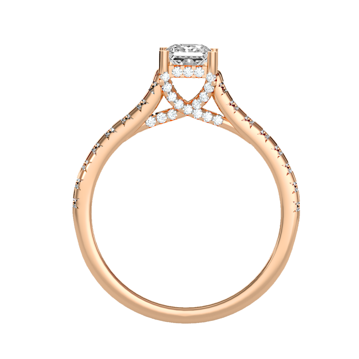 Rose Gold Emerald Cut Diamond Engagement Ring With Hidden Halo And Pav Band - One