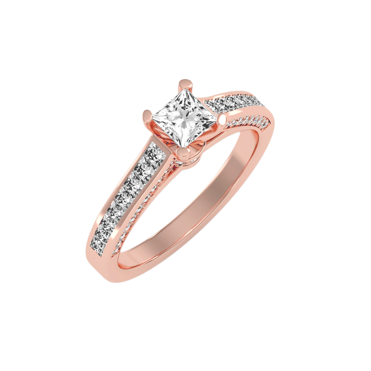 Rose Gold Princess Cut Diamond Engagement Ring With Pav Band - Three
