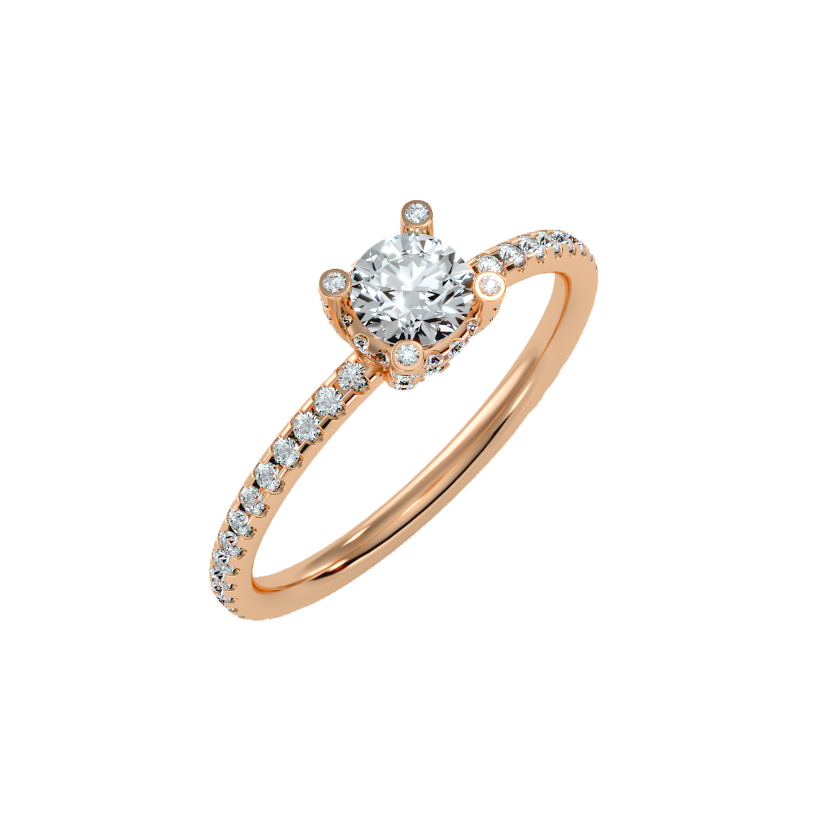 Rose Gold Diamond Halo Engagement Ring With Pav Band - Three