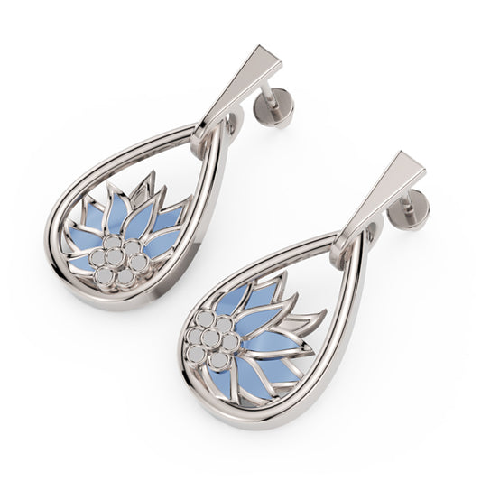 Rose Gold Blue Enamel Lotus Flower Teardrop Earrings