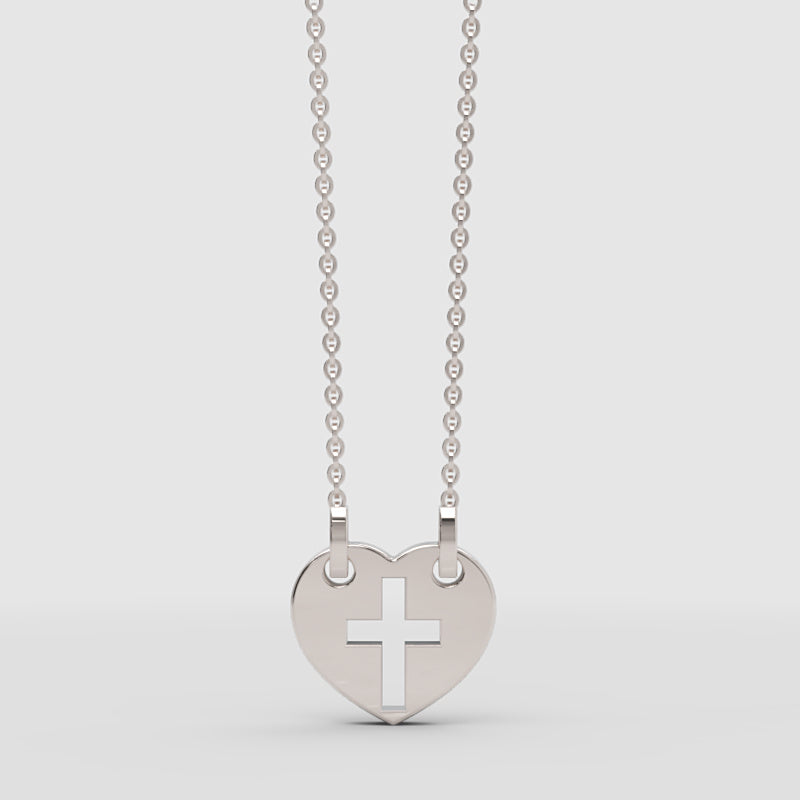 Heart Cross Cutout Pendant Necklace With Double Chain - One